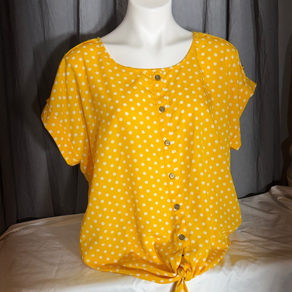 Vibrant Yellow Polka Dot Button-Up Blouse
